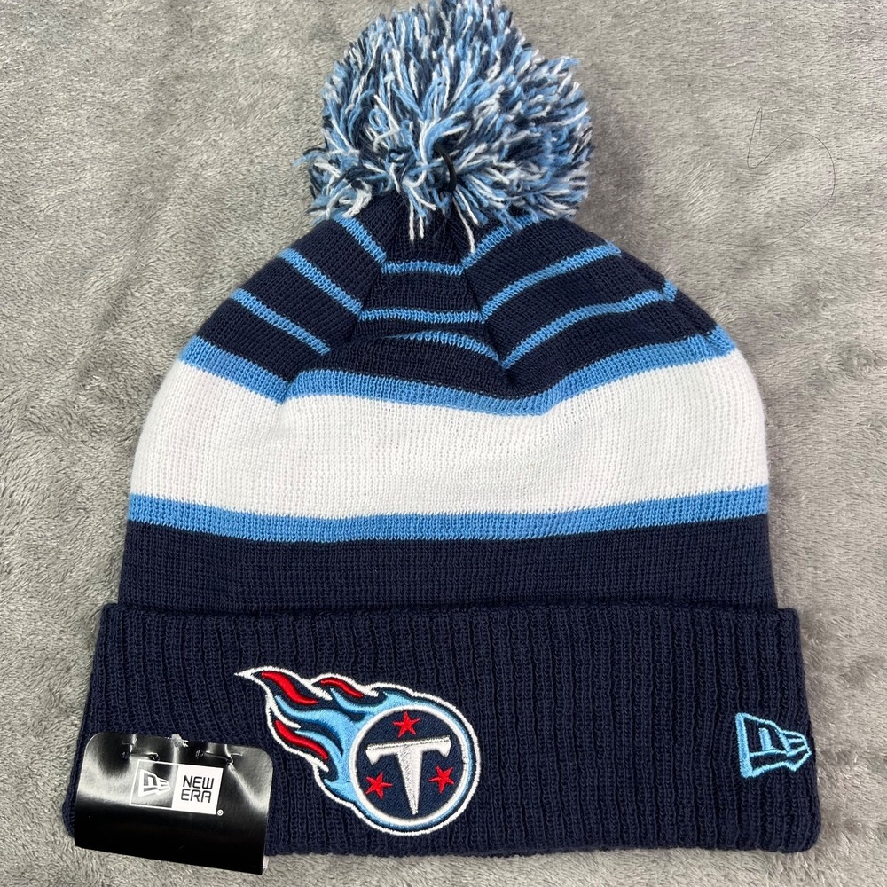 New Era Tennessee Titans NFL Knit Beanie Pom‎ Hat Navy Blue White Striped Cuffed